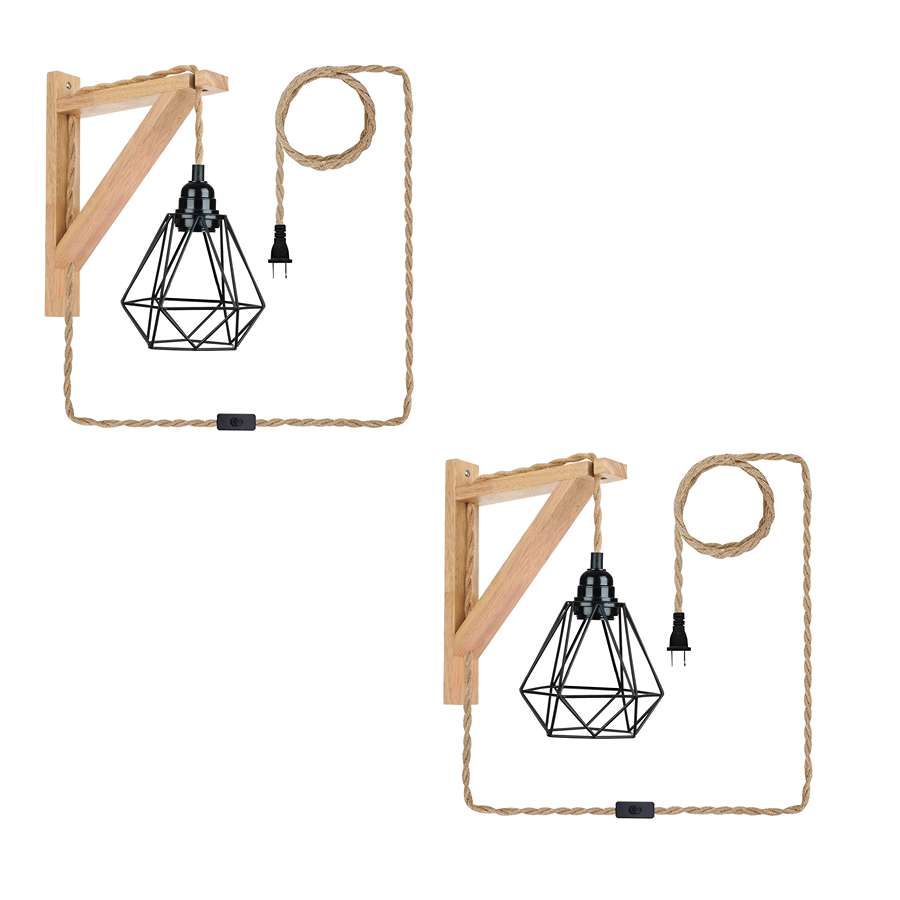 Retro Style Wood Hemp Rope Hanging Wall Lamp with Wood & Metal Diamond Cage in Black