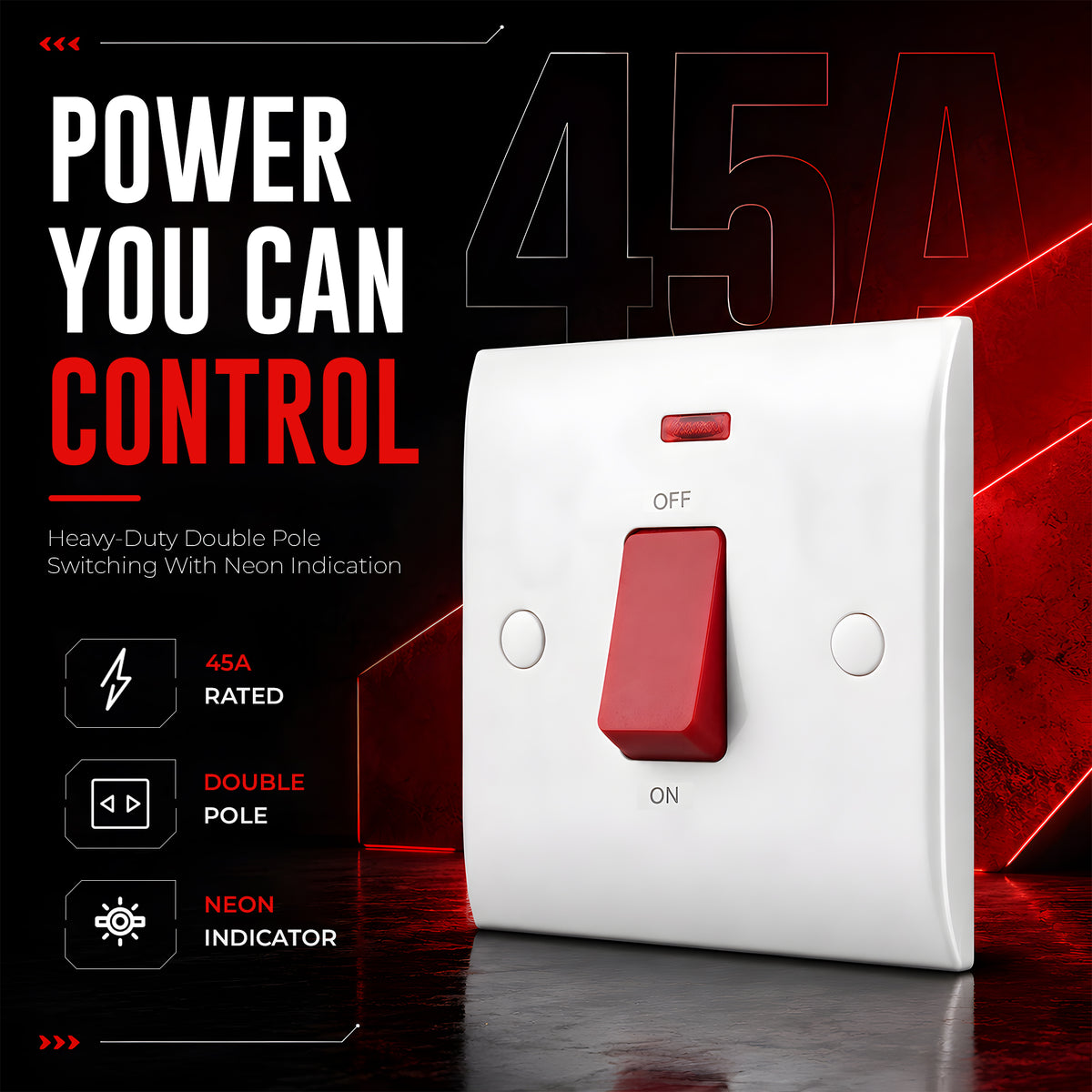 45A Cooker Switch with Neon Indicator Red Rocker White~4085
