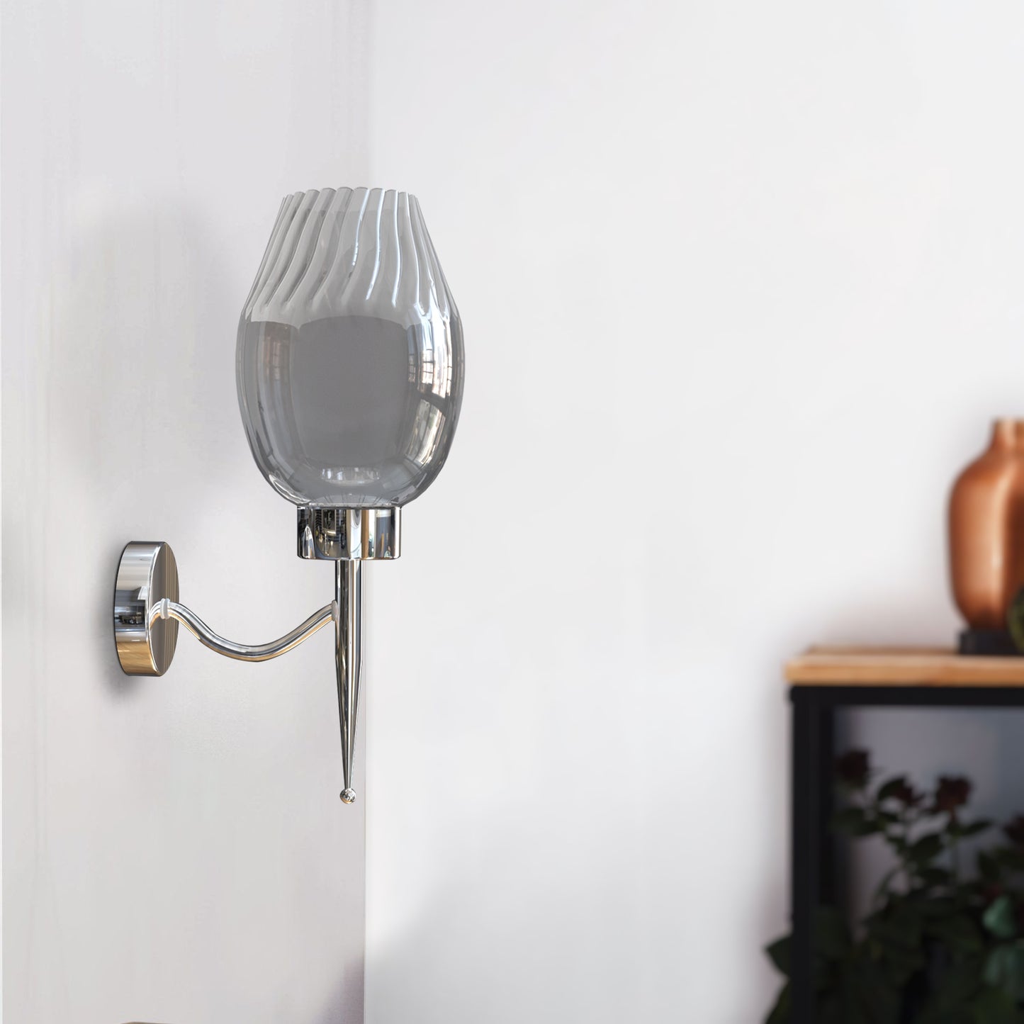 Modern Wall Light with Smoked Glass, Chrome Plate, and Vase Shape – Perfect for Indoor Spaces, Living Rooms, Bedrooms, Hallways, Restaurants, and Cafés - Application image