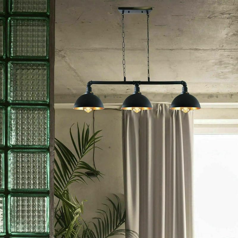 3 Head Water Pipe Ceiling Pendant Light With Black Dome Shade~2611
