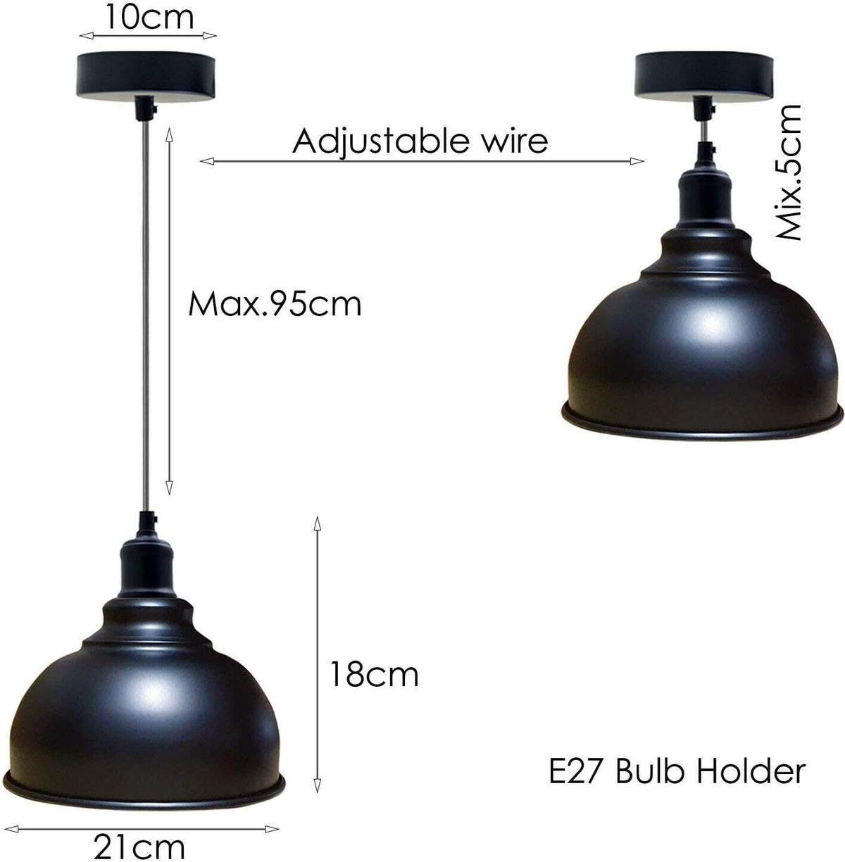 Black Metal Pendant Ceiling Light – 21cm Shade, E27~4067