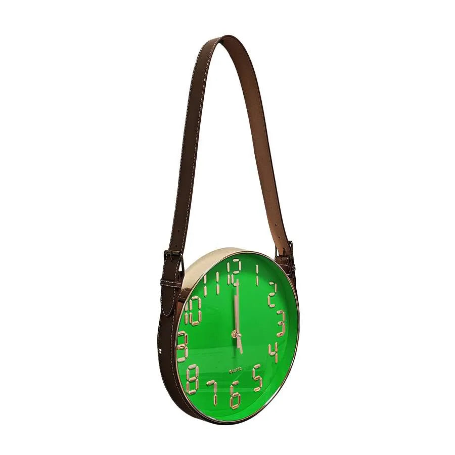 Round Leather Belt Silent Wall Clock Decorative DIY Clock - Green