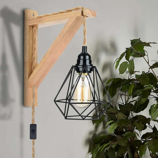 Retro Style Wood Hemp Rope Hanging Wall Lamp with Wood & Metal Diamond Cage in Black- Application image