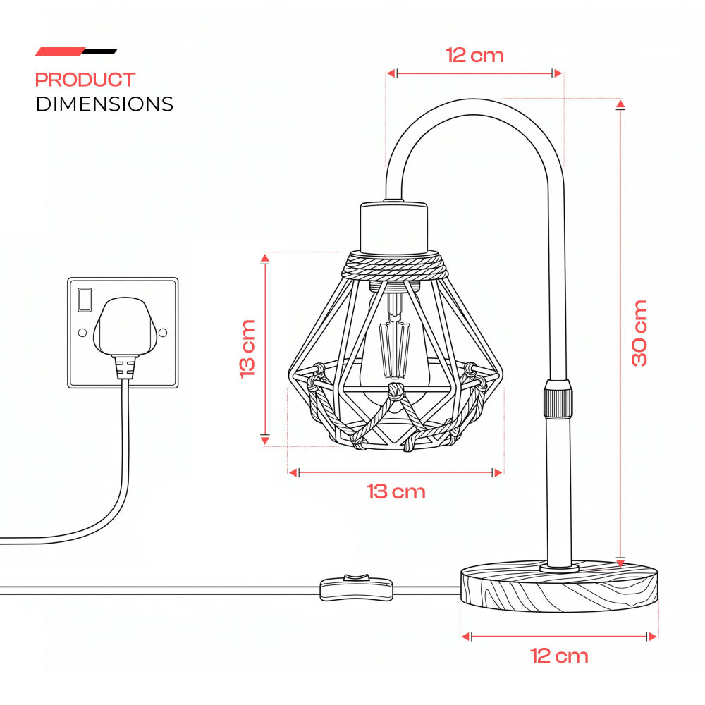 Wooden desk table lamp with E27 socket, power cable and inline on off switch