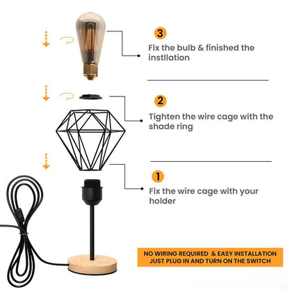 Metal Diamond Cage Wood Base Table Lamp Bedroom Lamp Light- Black ~ 3086