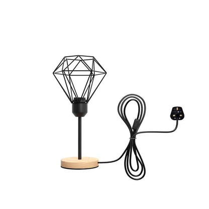 Metal Diamond Cage Wood Base Table Lamp Bedroom Lamp Light- Black ~ 3086