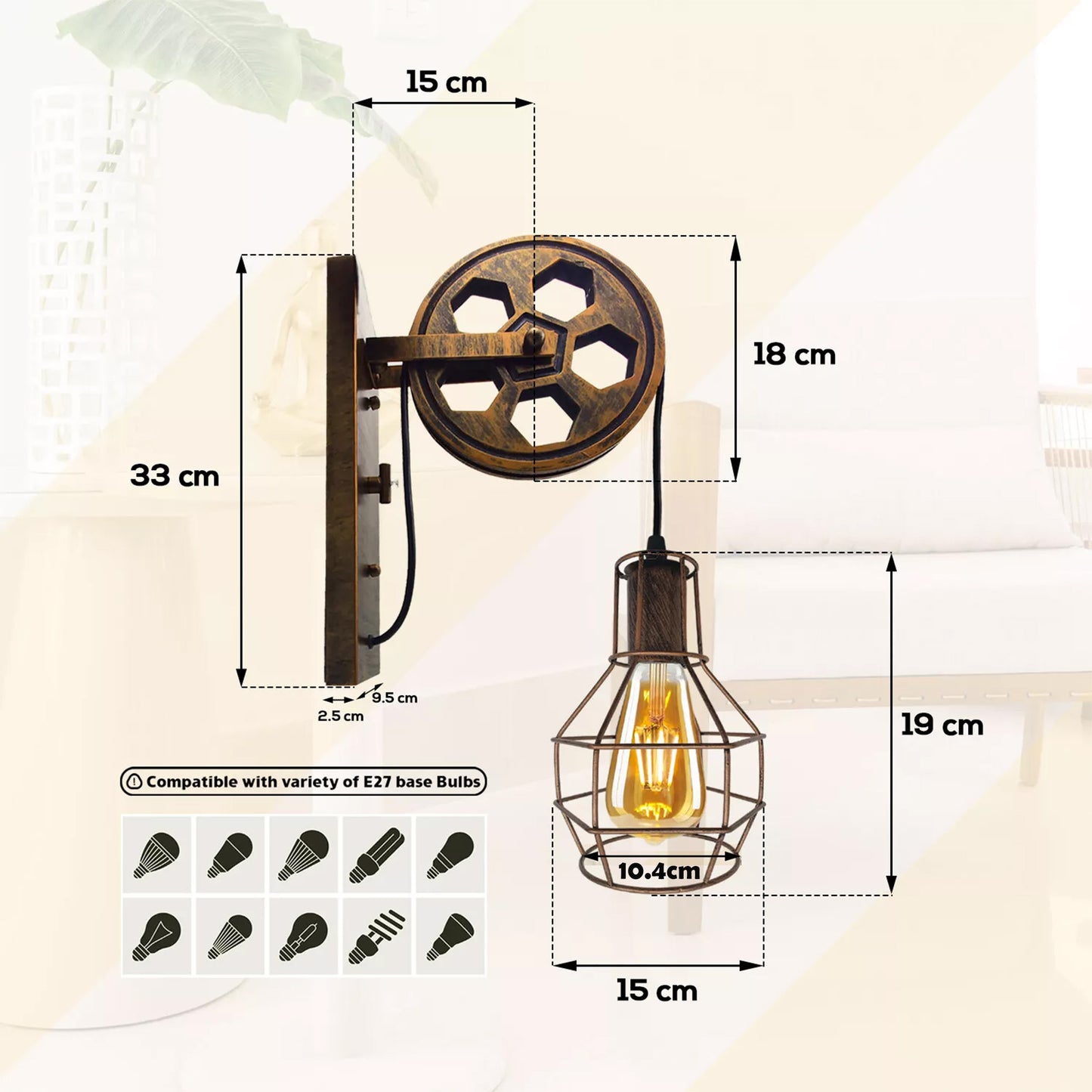 Rustic Retro Wall Lamp with Wheel Design - Vintage Industrial Lighting, E27 Lamp Holder~1650