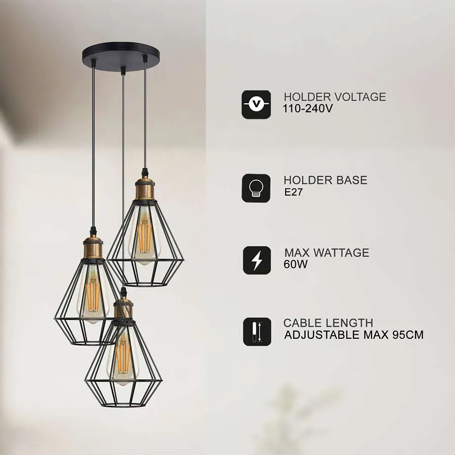 3way Metal wire Cage Hanging Light Fixture-Detail image