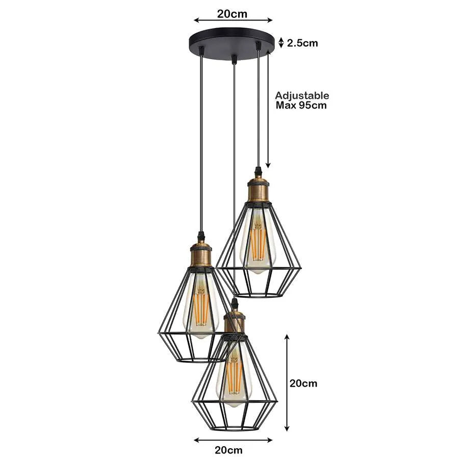 3way Metal wire Cage Hanging Light Fixture-Size image