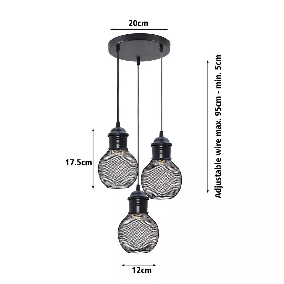Black Three Way Ball Industrial Retro Loft Metal Ceiling Pendant Light~1289 - Vintagelite