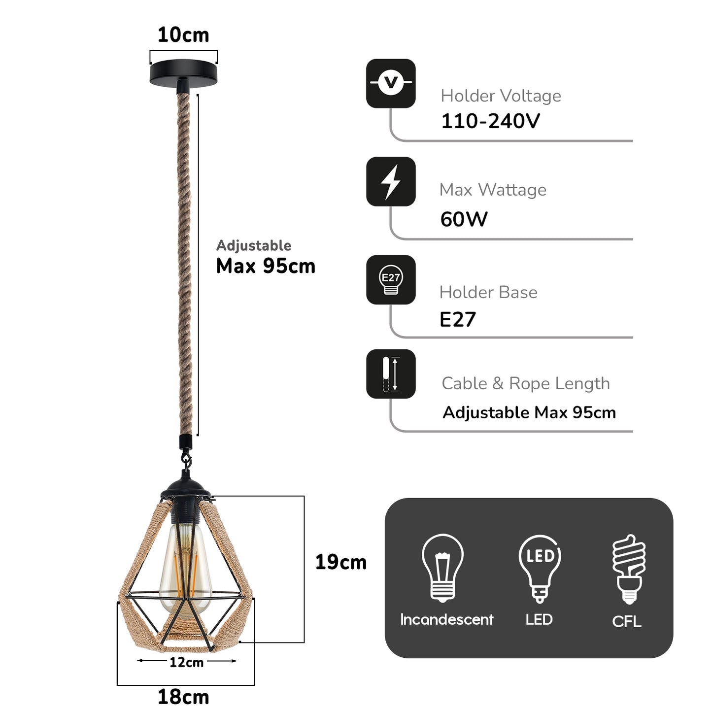 Hemp Rope Pendant Light Vintage Retro Loft Industrial Hanging Lamp - Details image