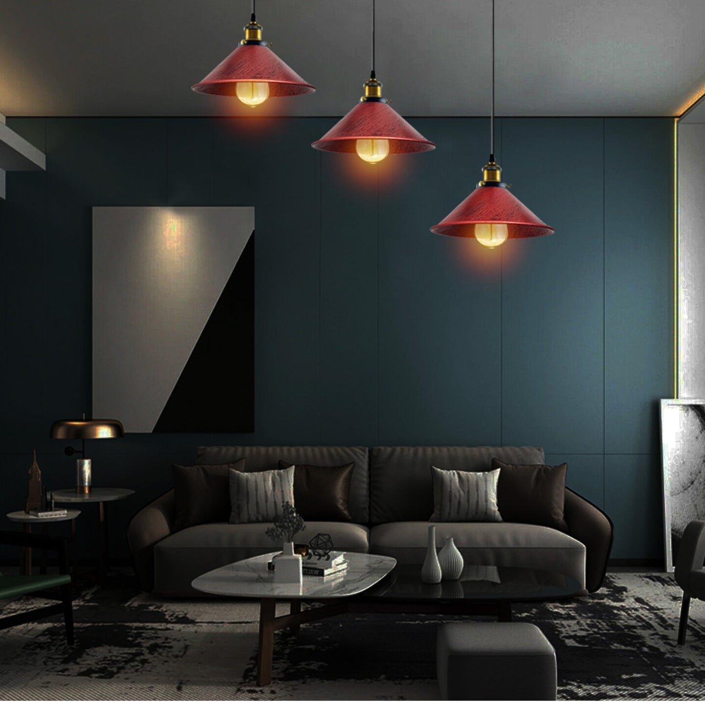 Rustic Red Industrial 3 Head Metal Cone Shade Pendant Light-Application image