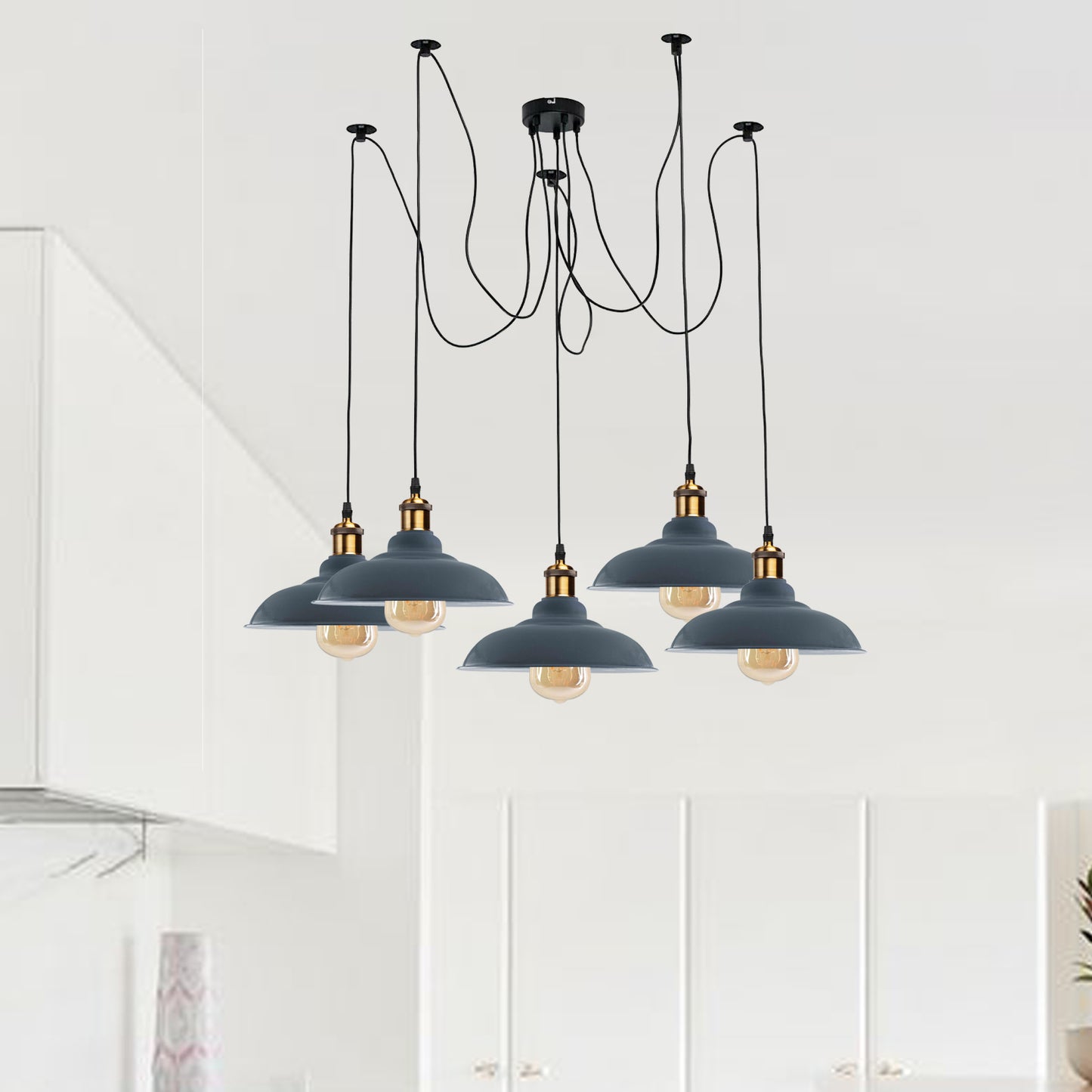 Curvy Metal Chandelier with Grey Shades | 5-Arm | Spider | Vintage~2218