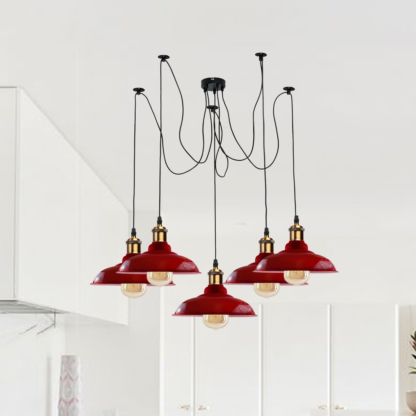 5 Way Vintage Chandelier Spider Ceiling Indoor Lamp Fixture Metal Curvy Shade Red~2212