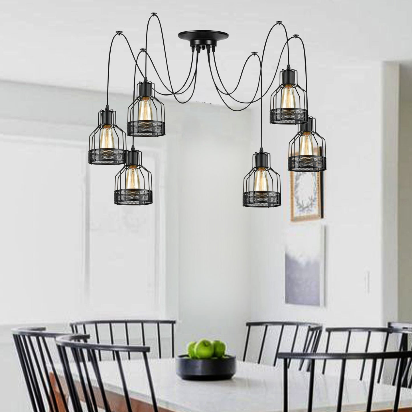 Retro 6Way Black Metal Cage Lamp Spider Cluster Pendant Light -Size Image