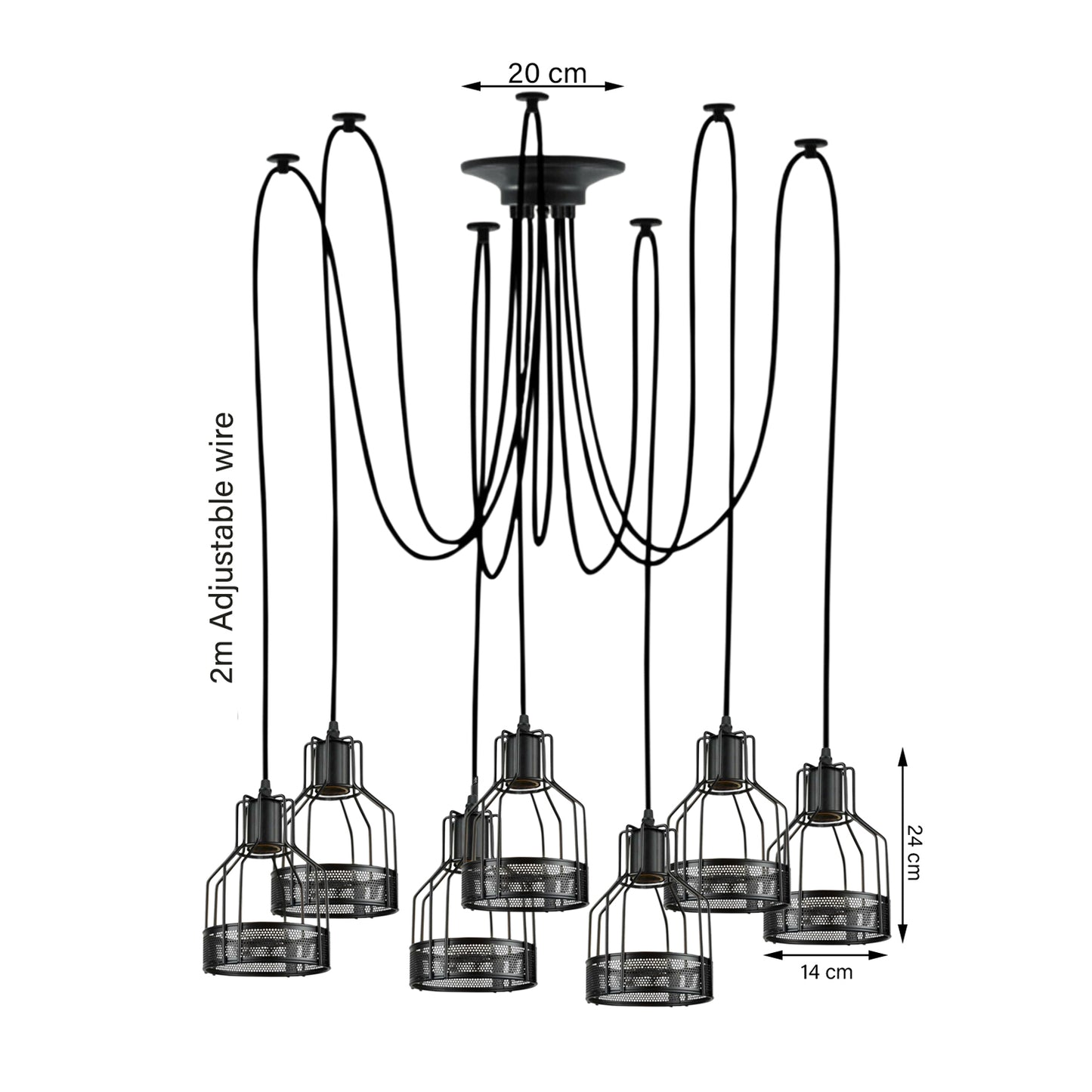 7Way Retro Black Metal Cage Lamp Spider Cluster Pendant Light -Size image