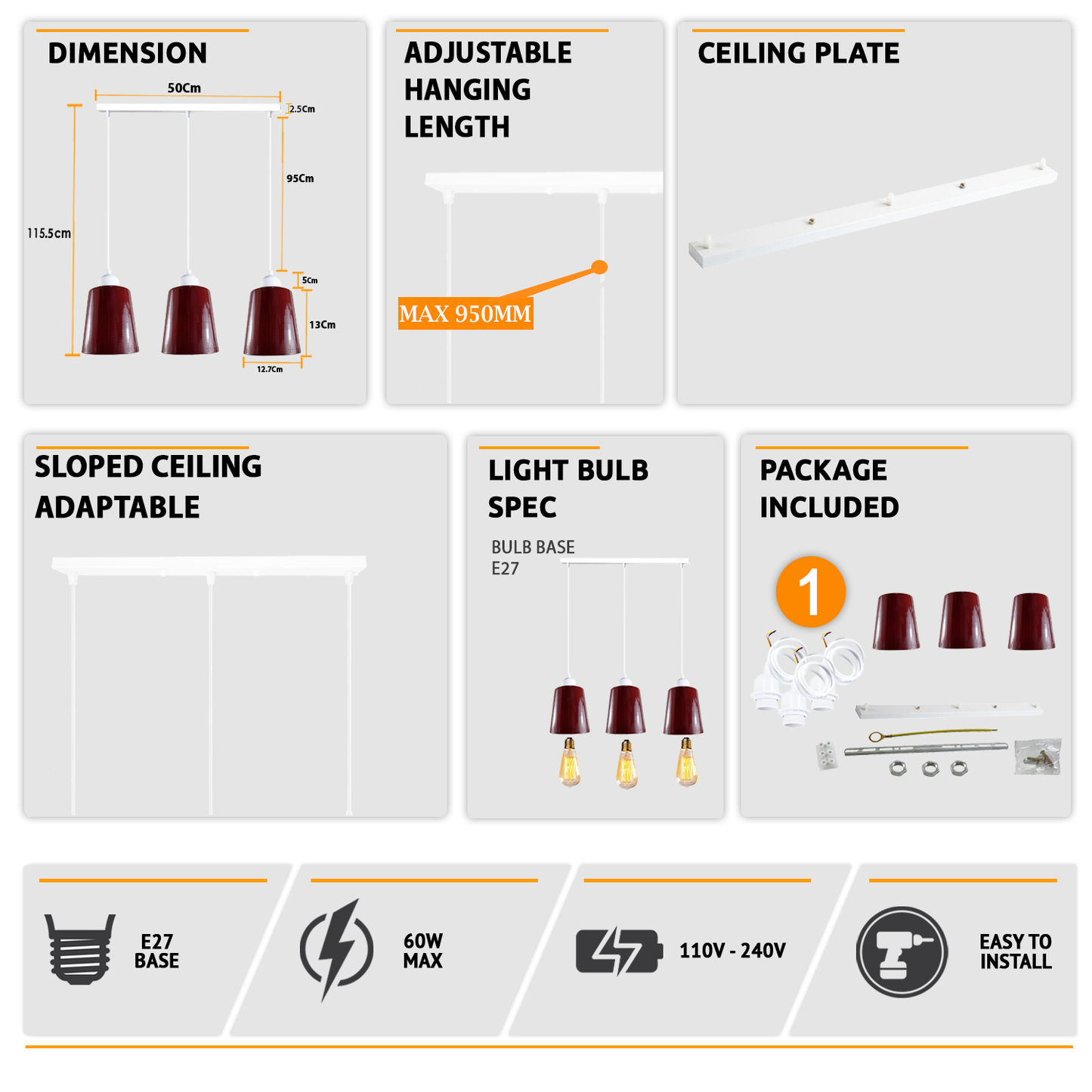 Modern Retro 3 Way Rectangle Bell shape Burgundy Pendant Light-Detail image