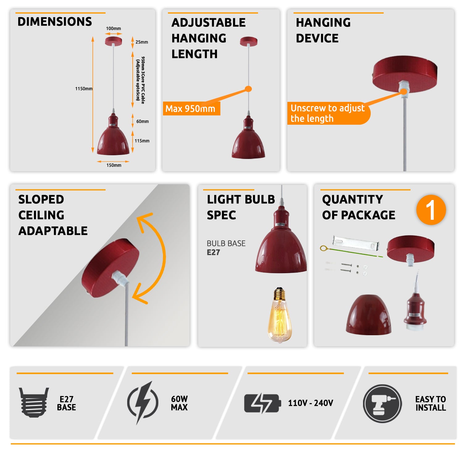 Industrial Adjustable Burgundy Ceiling E27 Holder Pendant Light -Detail Image