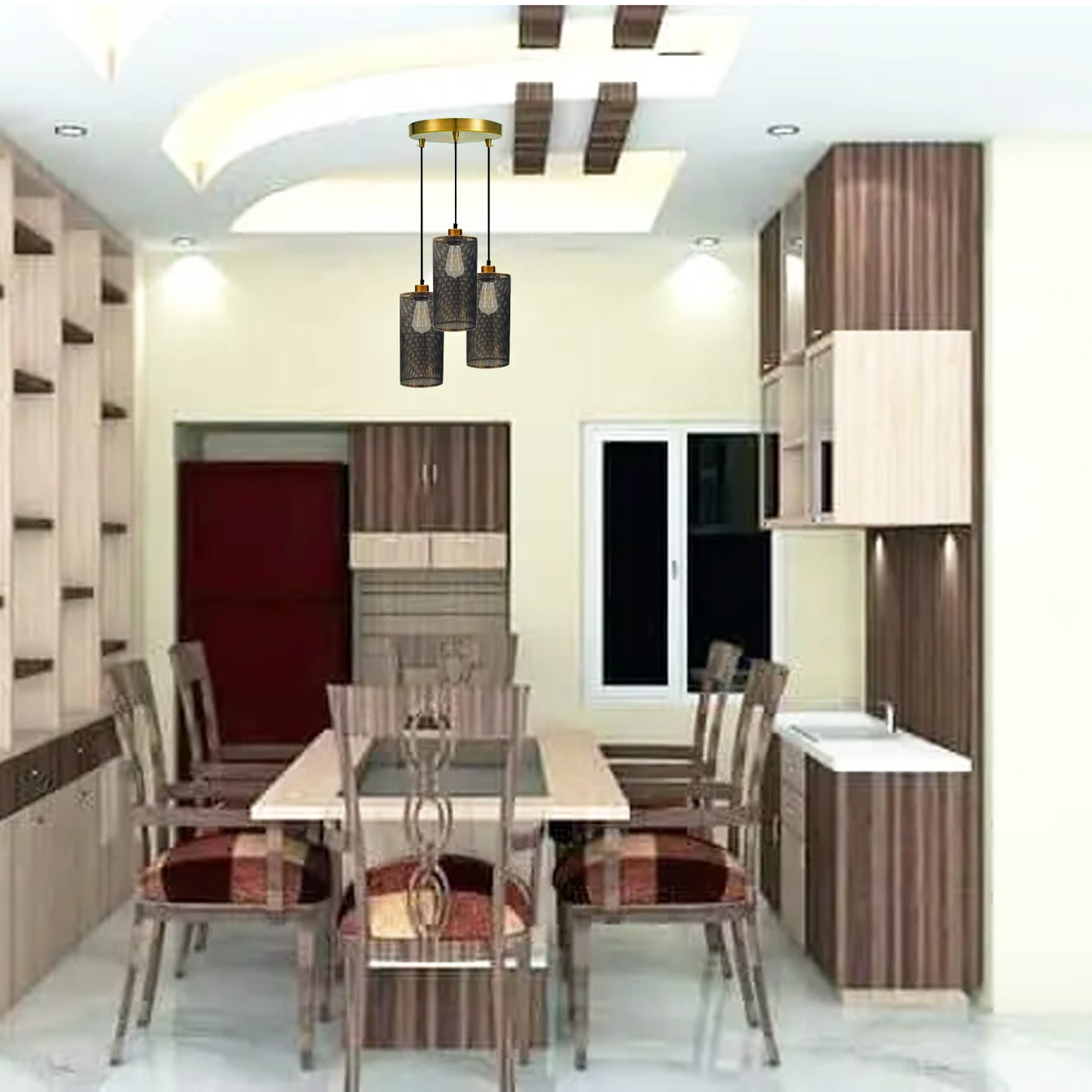 Brushed Copper Retro 3 Way Drum Ceiling Rose Cage Pendant Light-Application Image