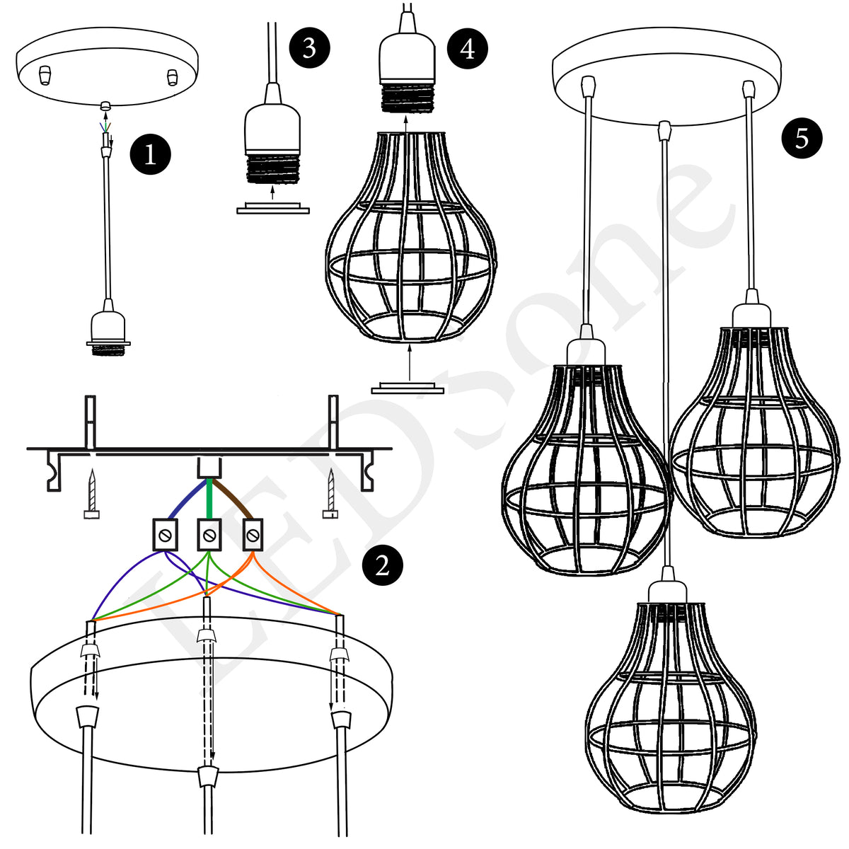 Black 3way Vintage Modern Industrial Wire Cage Pendant Light- Structure