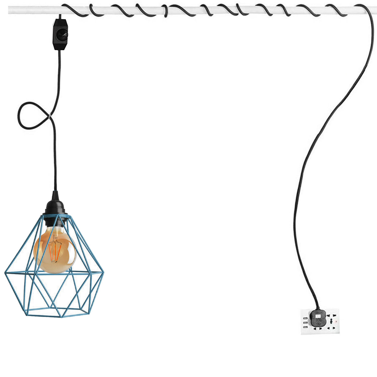 Blue Diamond Shade Dimmer Switch Plug In Hanging Pendant Lamp