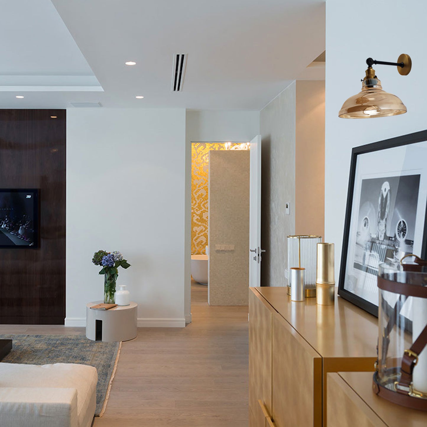 Vintage E27 Retro Wall Sconce-Adjustable Arm&Amber Glass Light Shade-Application image