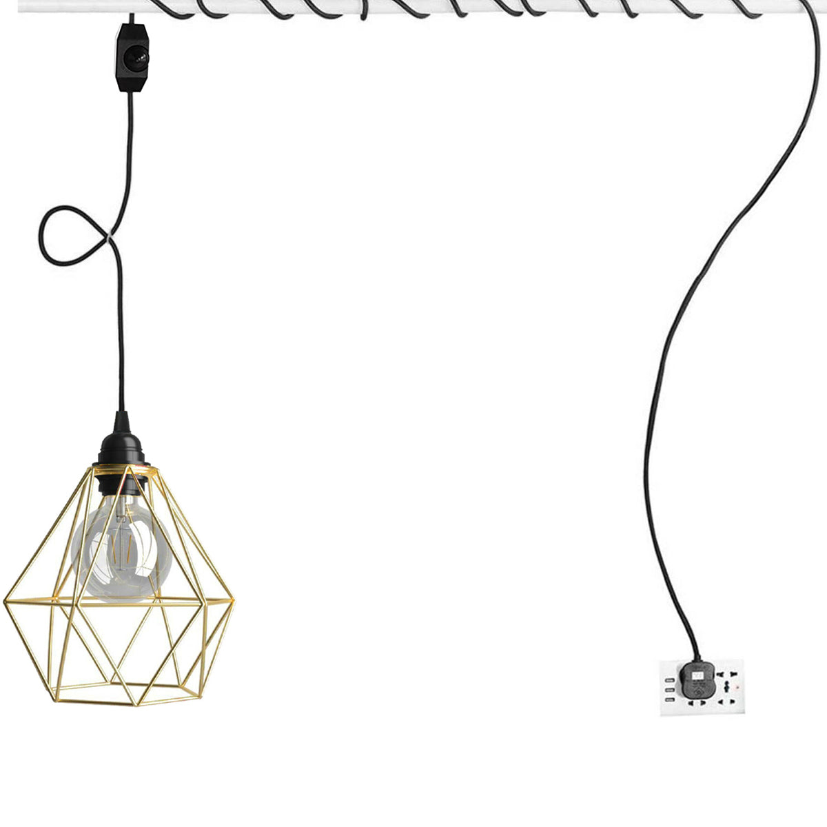 Gold Diamond Shade Dimmer Switch Plug In Hanging Pendant Lamp