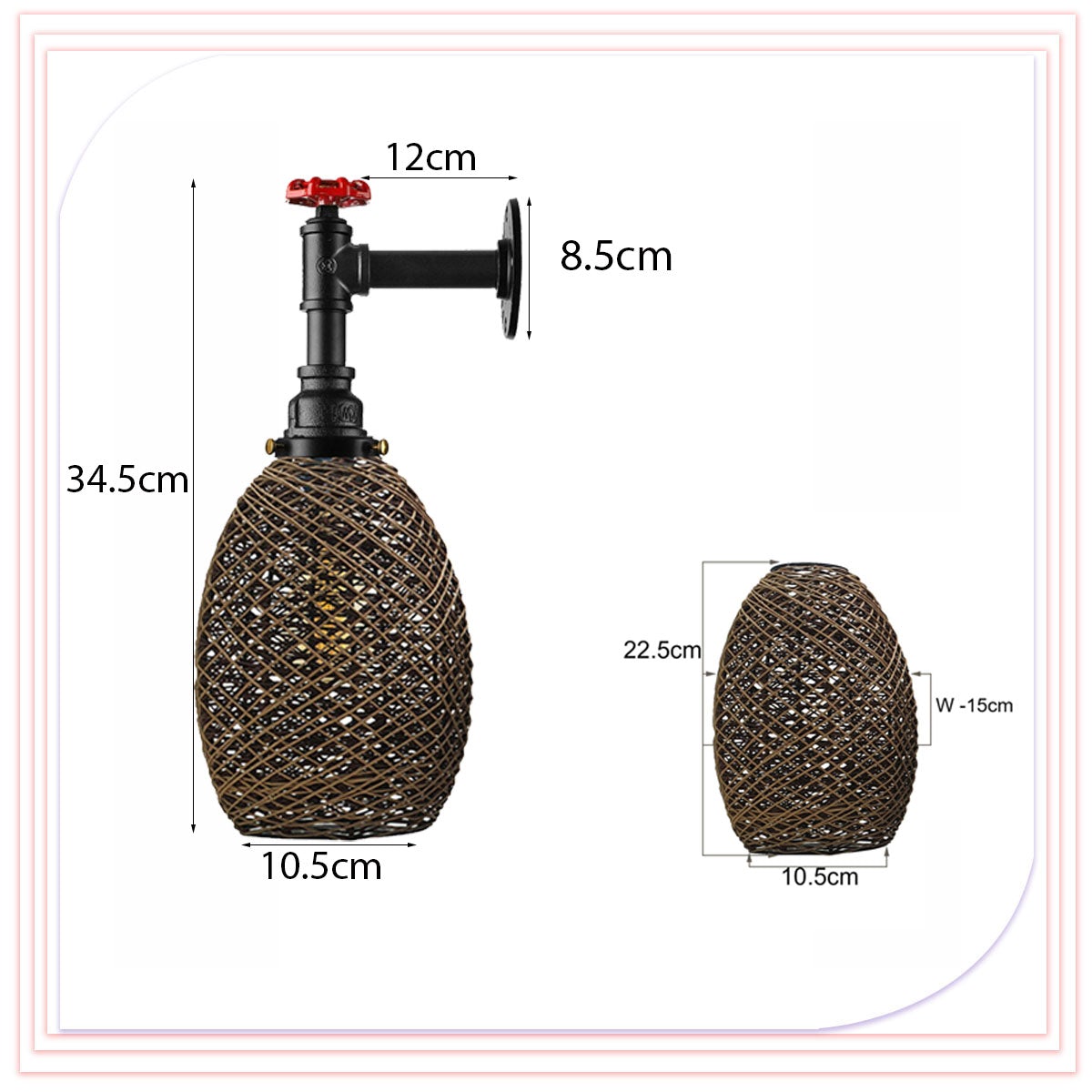 Hemp Rattan Metal Pipe Wall Lamp ~2346