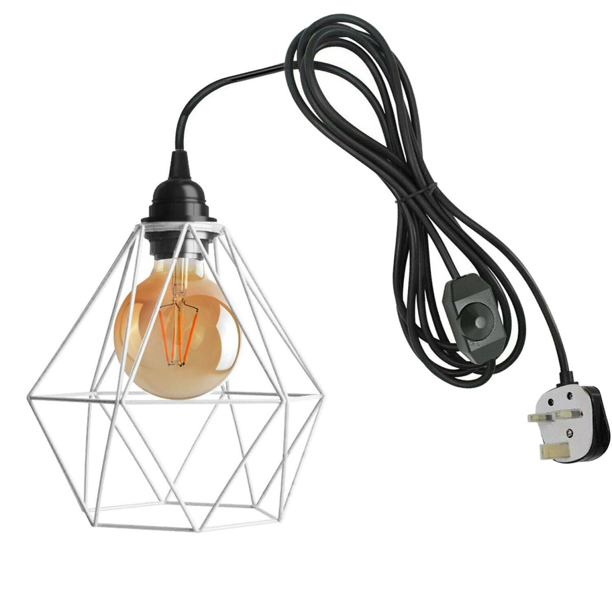 4m Black Dimmer Switch Plug In Pendant Lamp Light With White Cage~1869 - LEDSone UK Ltd