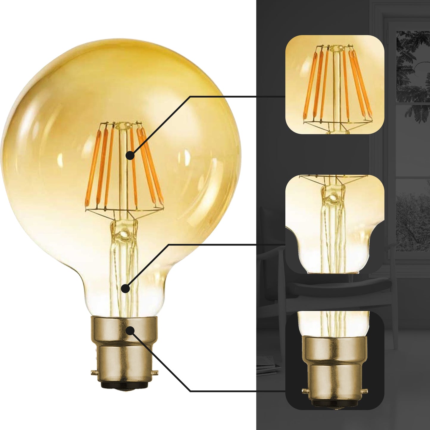 8W B22 G125 Dimmable LED Globe Retro Light Bulb~2974