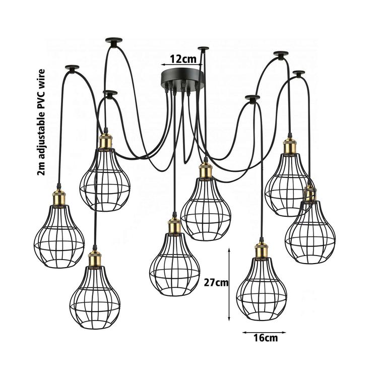 Vintage Industrial 8 Way Black Metal Cage Pendant Ceiling Light-Size Image