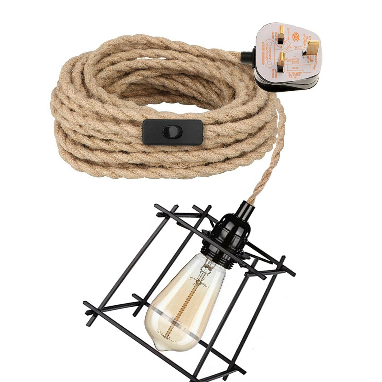 Hemp rope Cable Plug In Light Set E27 Black Cage - Application Image