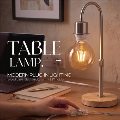 Wooden Base Table Lamp with Curved Arm E27 Inline Switch UK Plug~4087