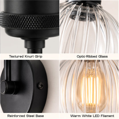 Glass Wall Light, Amber Bell Copper or Black Ribbed Tulip, E27~4089