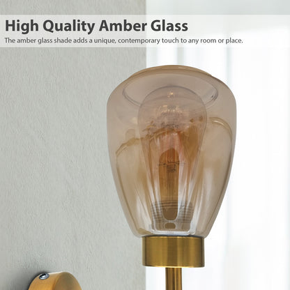 Amber Glass Wall Sconce with Copper Plated Finish – Perfect Illumination for Living Rooms, Bedside Reading, Stairs, Offices& Bars- -Details image 