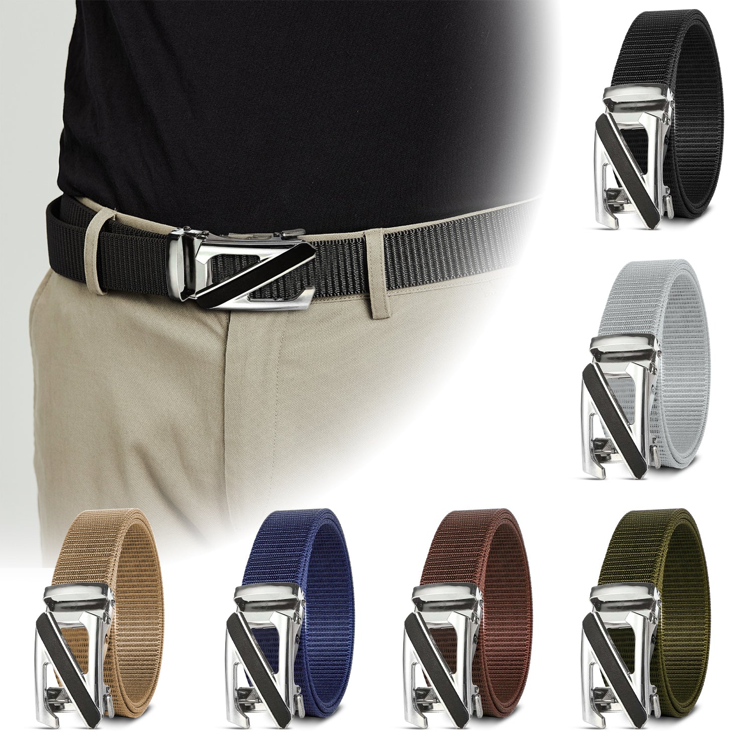 Tonywell Men's Nylon Web Belt - Heavy Duty Metal Buckle, Adjustable No-Hole Strap, Quick Release, 1.5" Wide, Up To 48" Waist