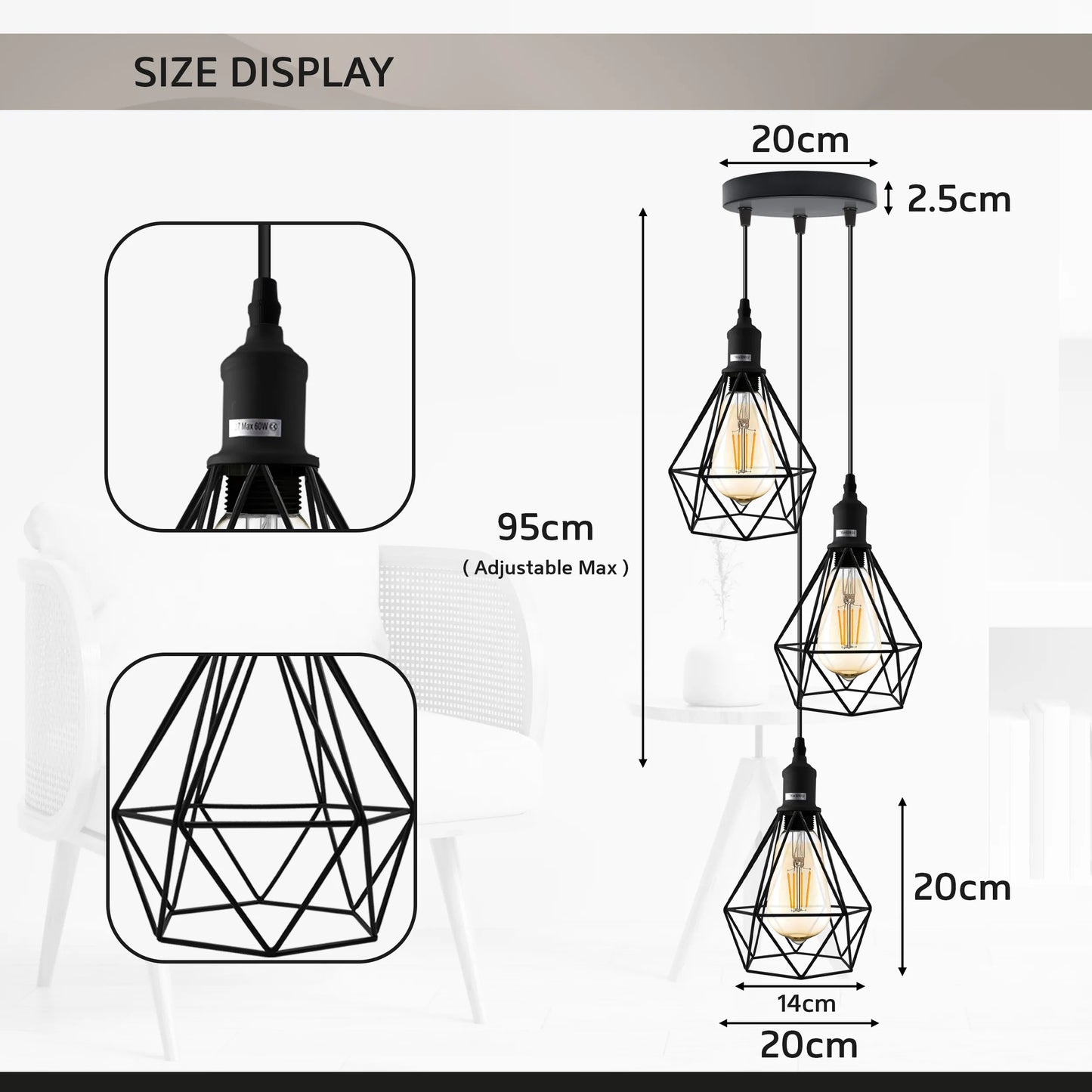 3-way Diamond Cage Shade White Ceiling Pendant Lamp Fittings -Size image