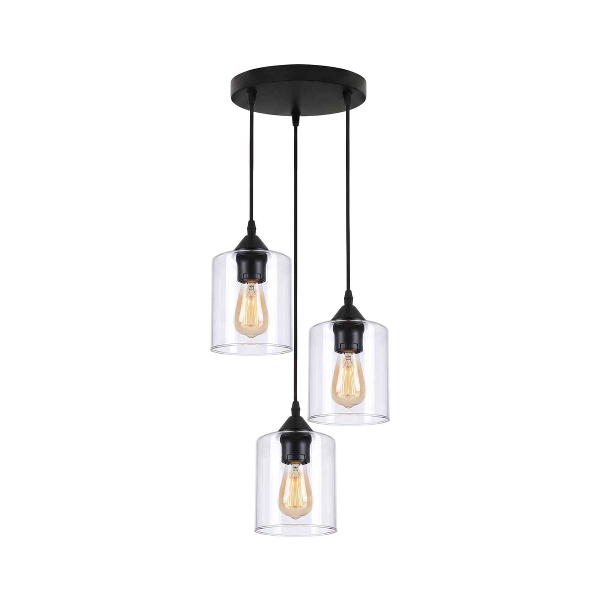 3 Light Pendant, Black Wire Cage or Clear Glass Shades, E27~4088