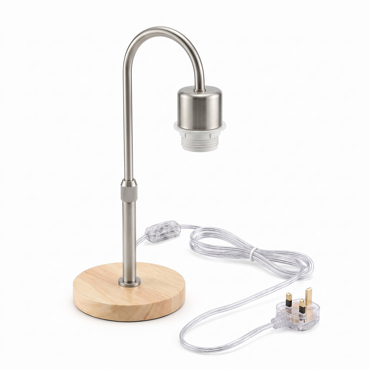 Wooden Base Table Lamp with Curved Arm E27 Inline Switch UK Plug~4087