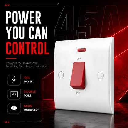 45A Cooker Switch with Neon Indicator Red Rocker White~4085