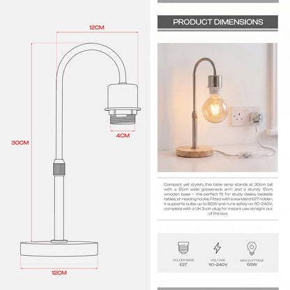 Wooden Base Table Lamp with Curved Arm E27 Inline Switch UK Plug~4087