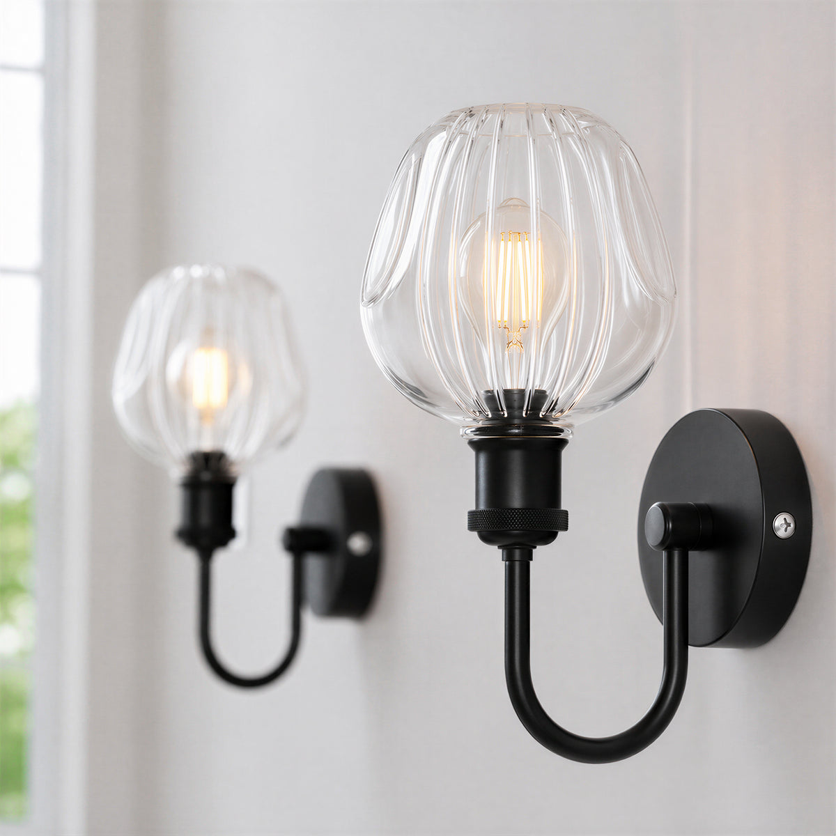 Glass Wall Light, Amber Bell Copper or Black Ribbed Tulip, E27~4089