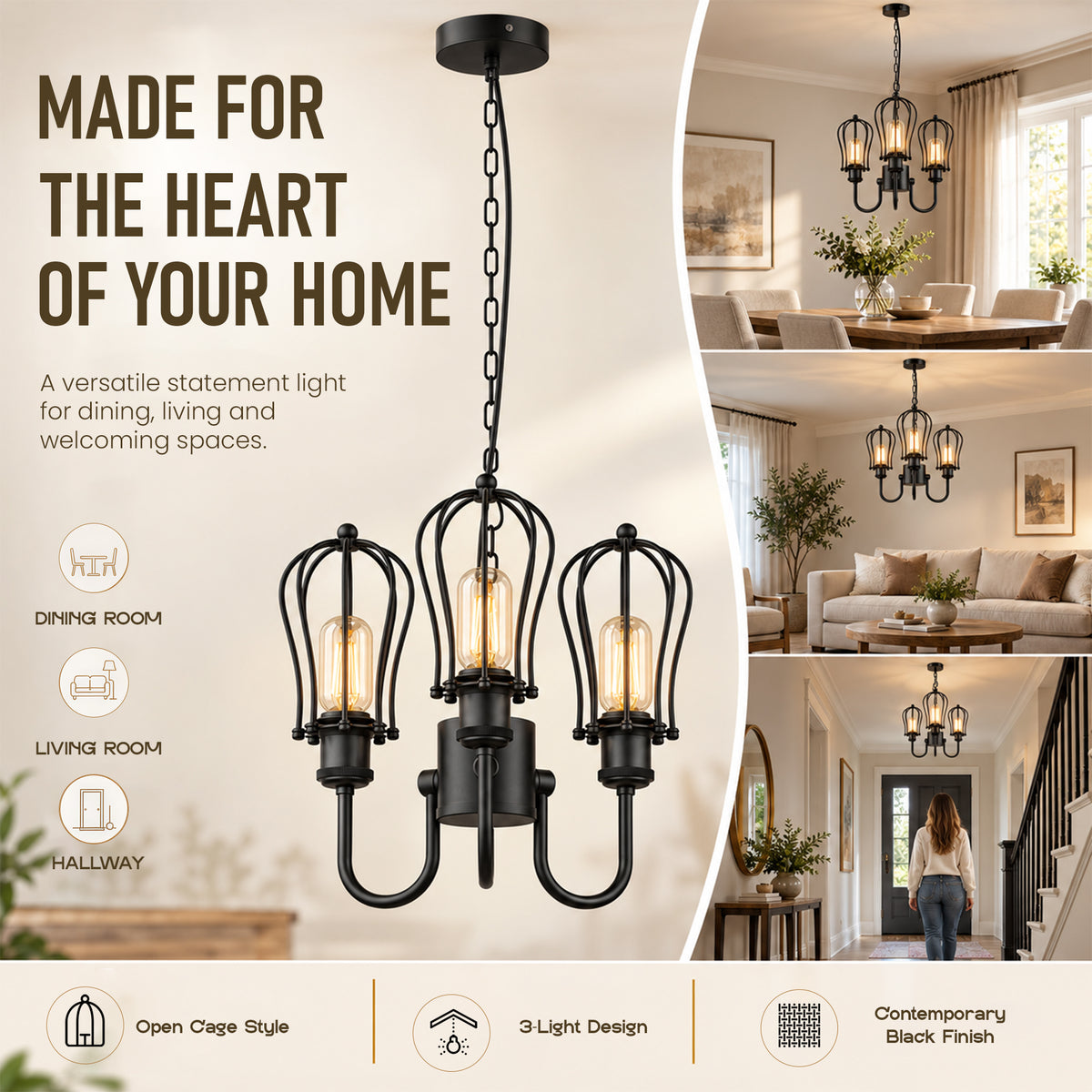 3 Light Pendant, Black Wire Cage or Clear Glass Shades, E27~4088
