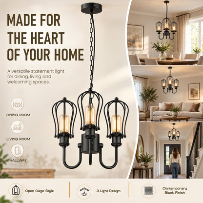 3 Light Pendant, Black Wire Cage or Clear Glass Shades, E27~4088