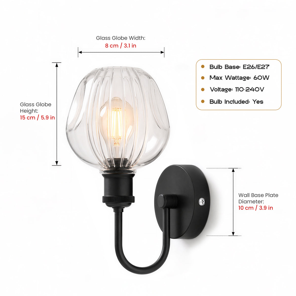 Glass Wall Light, Amber Bell Copper or Black Ribbed Tulip, E27~4089
