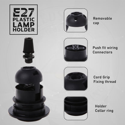 Edison E27 Black Lamp Pendant Bulb Holder with Shade Ring & Cord Grip~1391