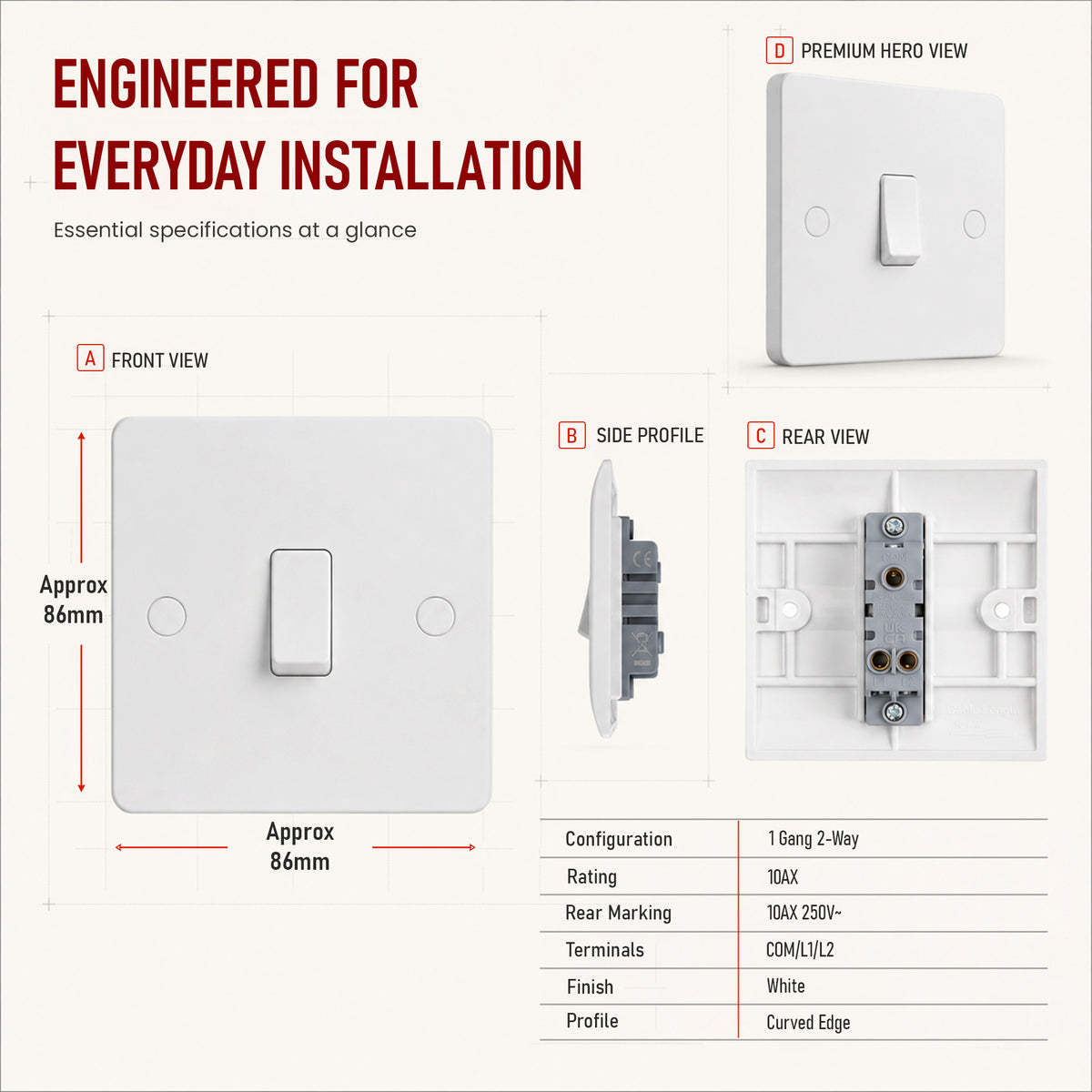 1, 2 & 3 Gang 2 Way White Light Switches 250V AC~4035