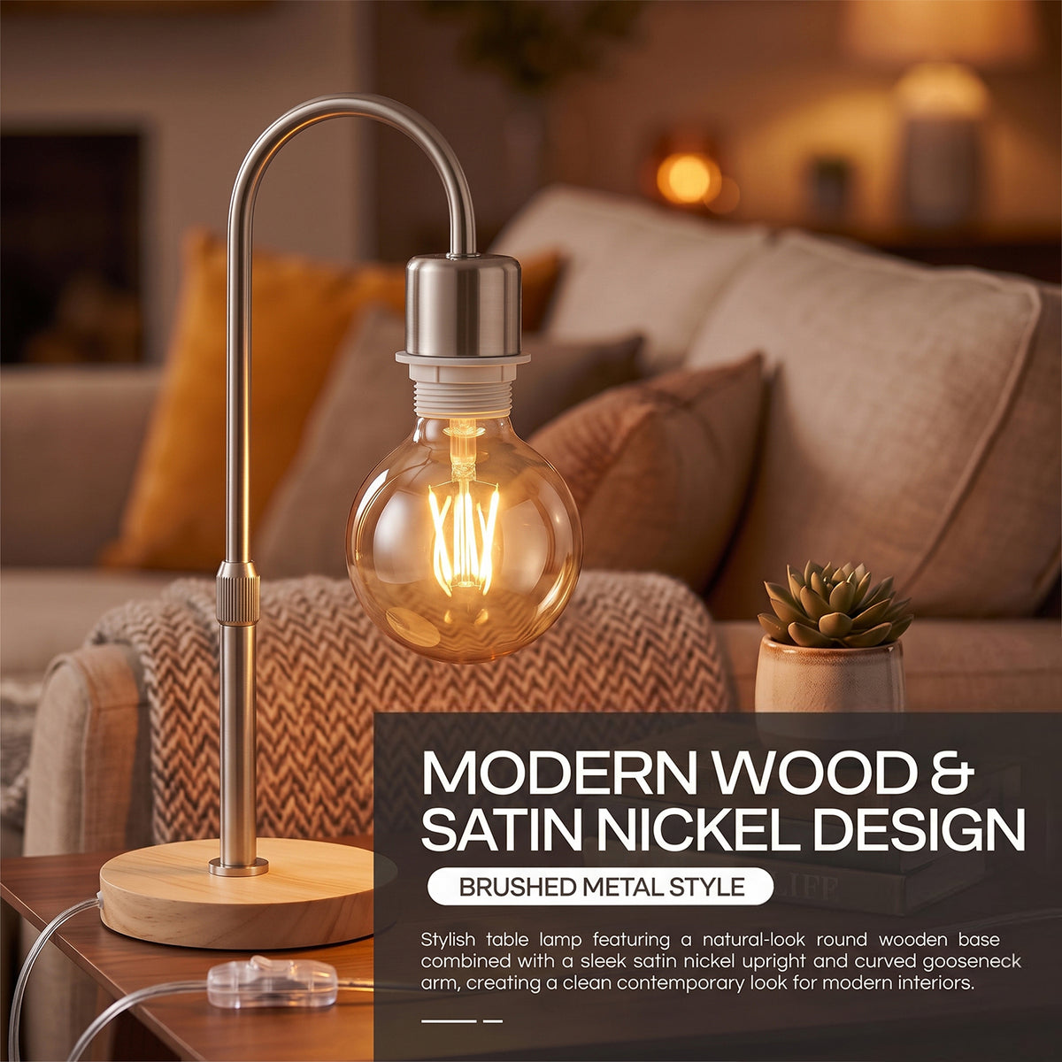 Wooden Base Table Lamp with Curved Arm E27 Inline Switch UK Plug~4087