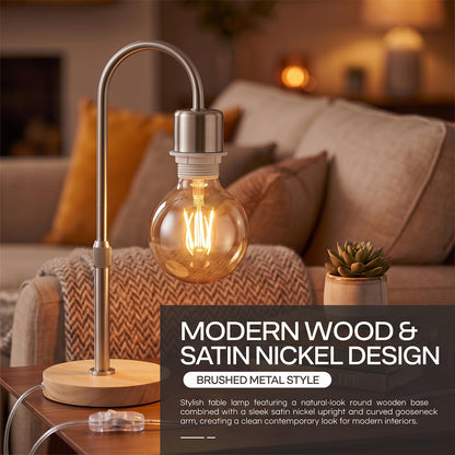Wooden Base Table Lamp with Curved Arm E27 Inline Switch UK Plug~4087