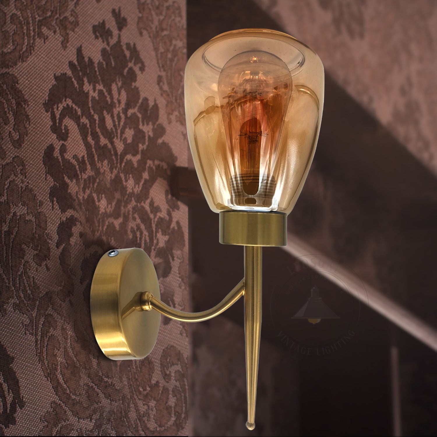Amber Glass Wall Sconce with Copper Plated Finish – Perfect Illumination for Living Rooms, Bedside Reading, Stairs, Offices& Bars- Application image